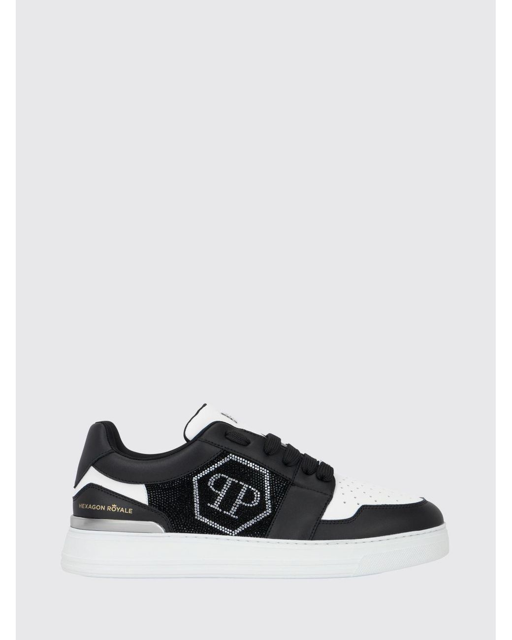 Philipp Plein White Hexagon Royale Leather Sneakers With Rhinestone Hexagon Logo for men
