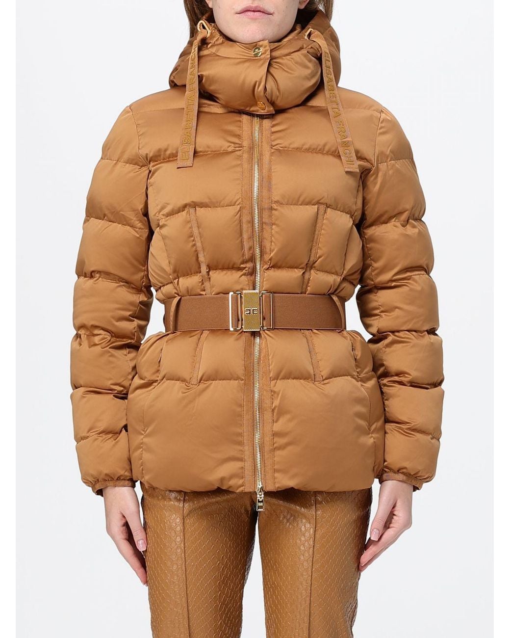 Elisabetta Franchi Brown Short Quilted Puffer Jacket With Removable Hood And Belt