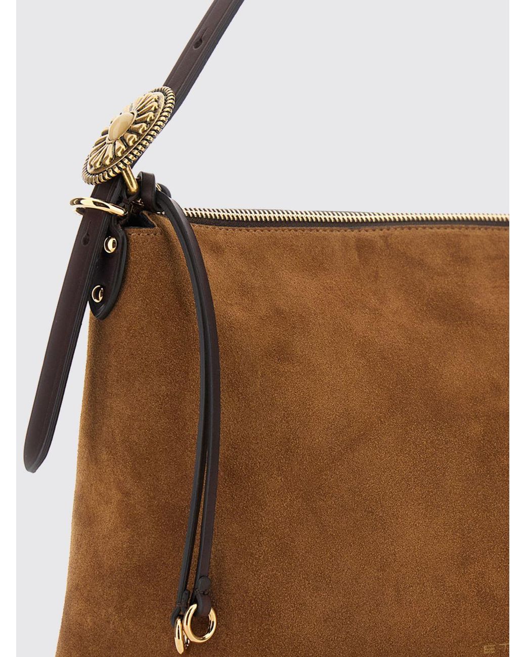 Etro Brown Suede Leather Shoulder Bag With Adjustable Handle And Laminated Logo