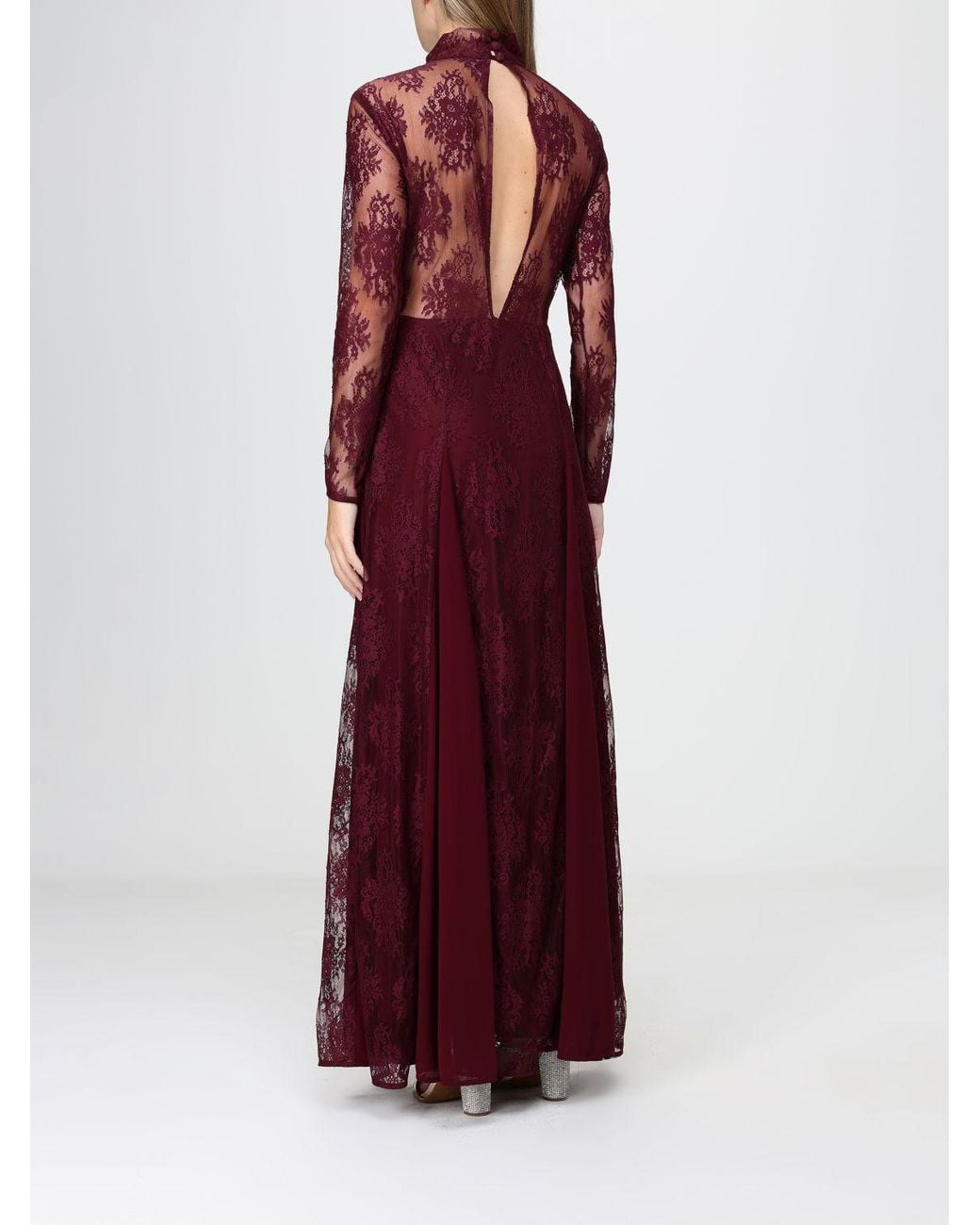 Hanita Red High-Neck Long Sleeve Lace Long Evening Gown
