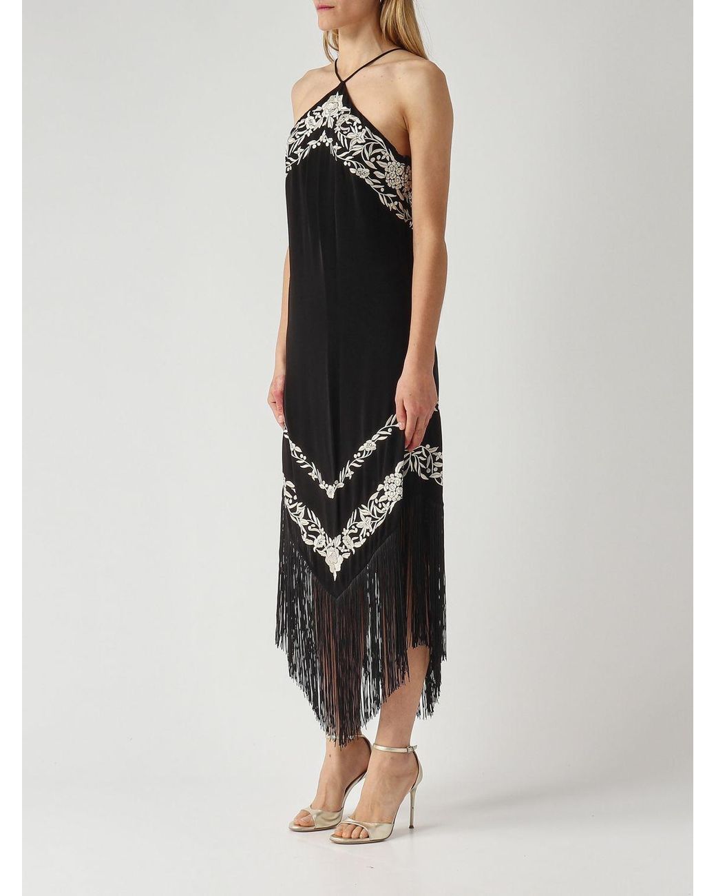 Twinset Black Asymmetric Viscose Dress With Fringes