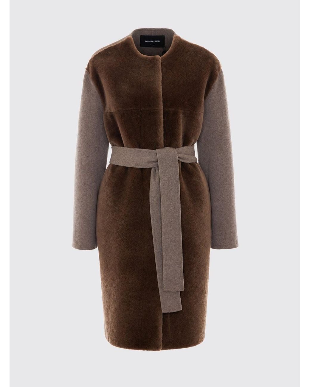 Fabiana Filippi Brown Knee-Length Fur Coat With Waist Belt