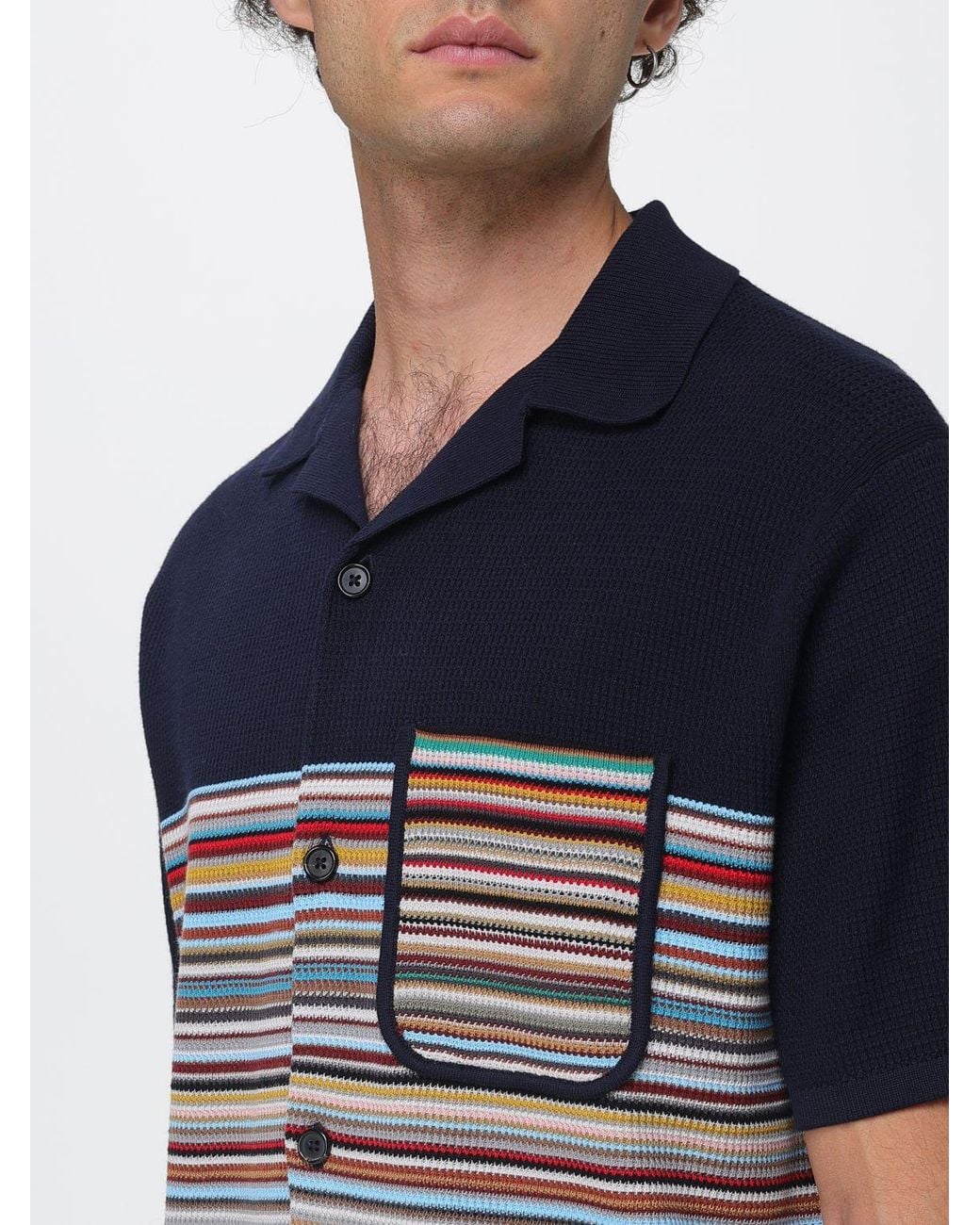 Paul Smith Blue Striped Cotton Short-Sleeve Cardigan With Cuban Collar for men