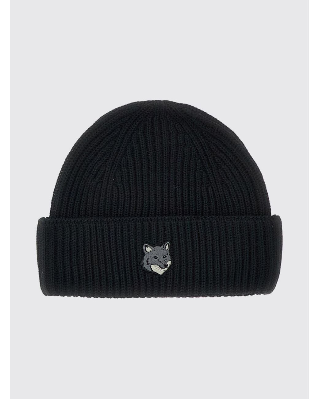 Maison Kitsuné Black Maison KitsunÉ Ribbed Wool Beanie With A Cuff And Contrast Logo for men
