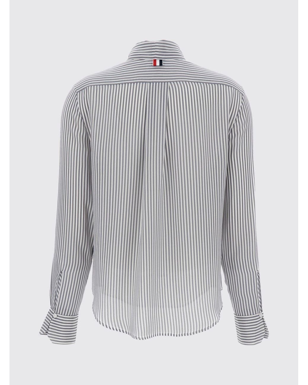 Thom Browne Gray Striped Silk Blouse With Pussy-Bow Neck And Curved Hem