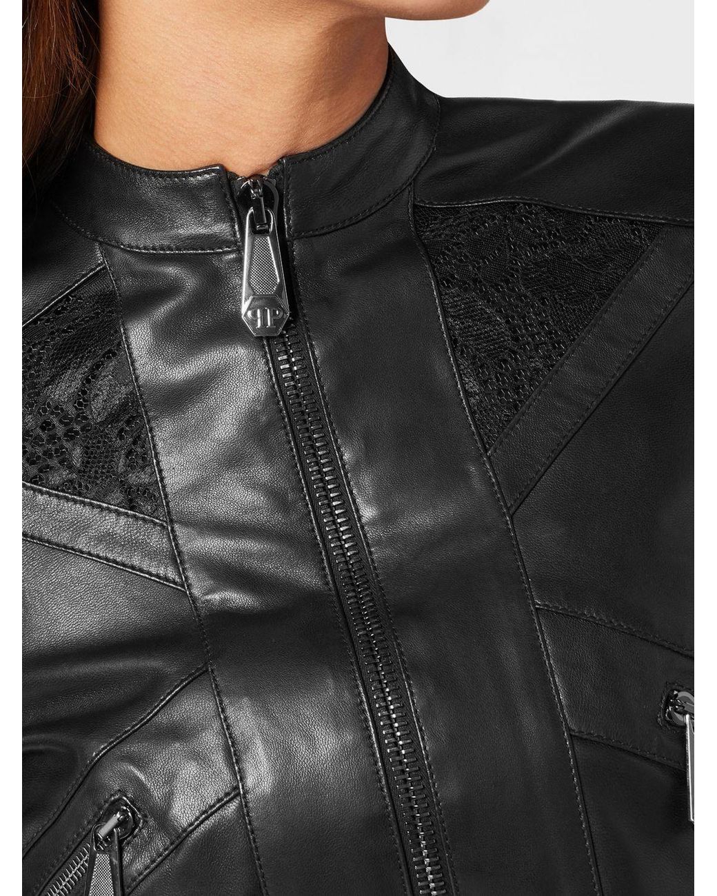 Philipp Plein Black Nappa Leather And Lace Crop Biker Jacket