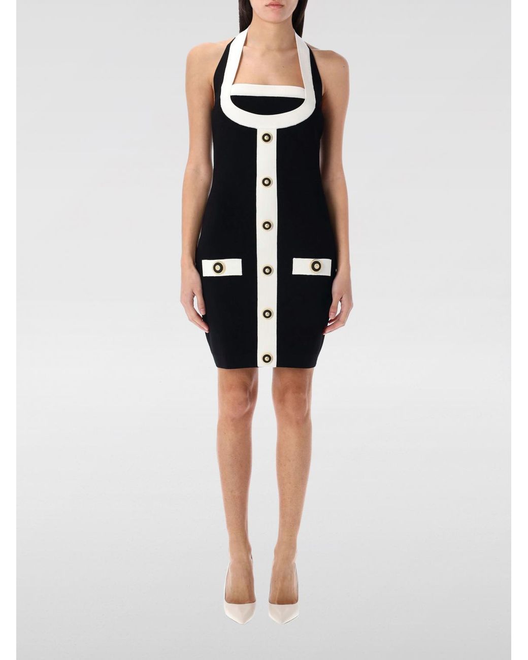 Balmain Black Sleeveless Fitted Mini Dress With Button Accent And Detailed Neckline