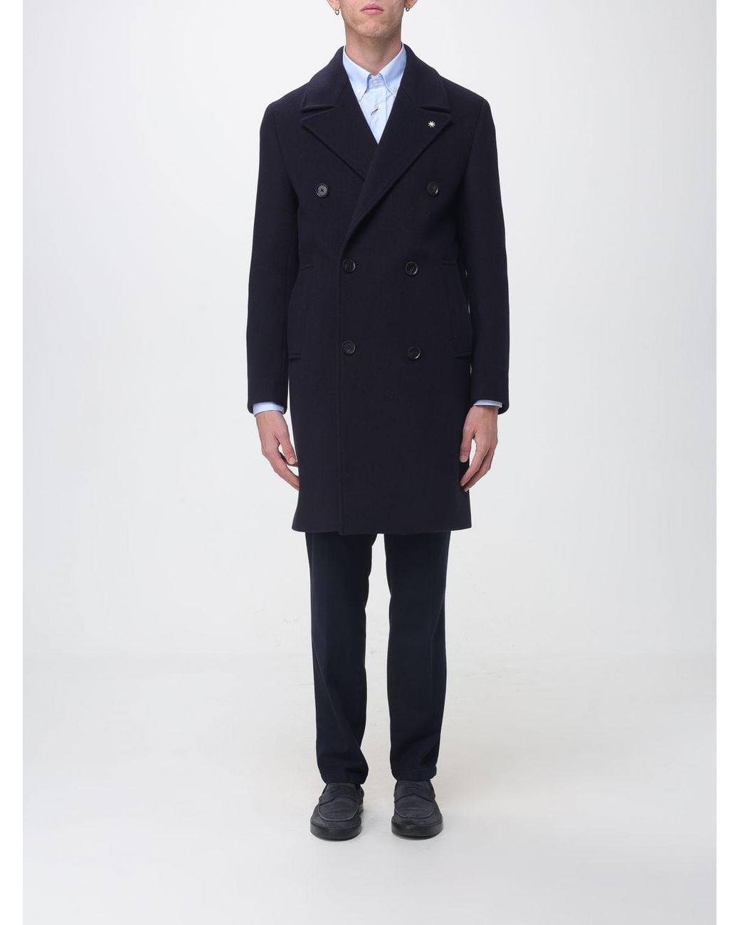 Manuel Ritz Blue Double-Breasted Wool Coat With Classic Lapels And Knee Length for men