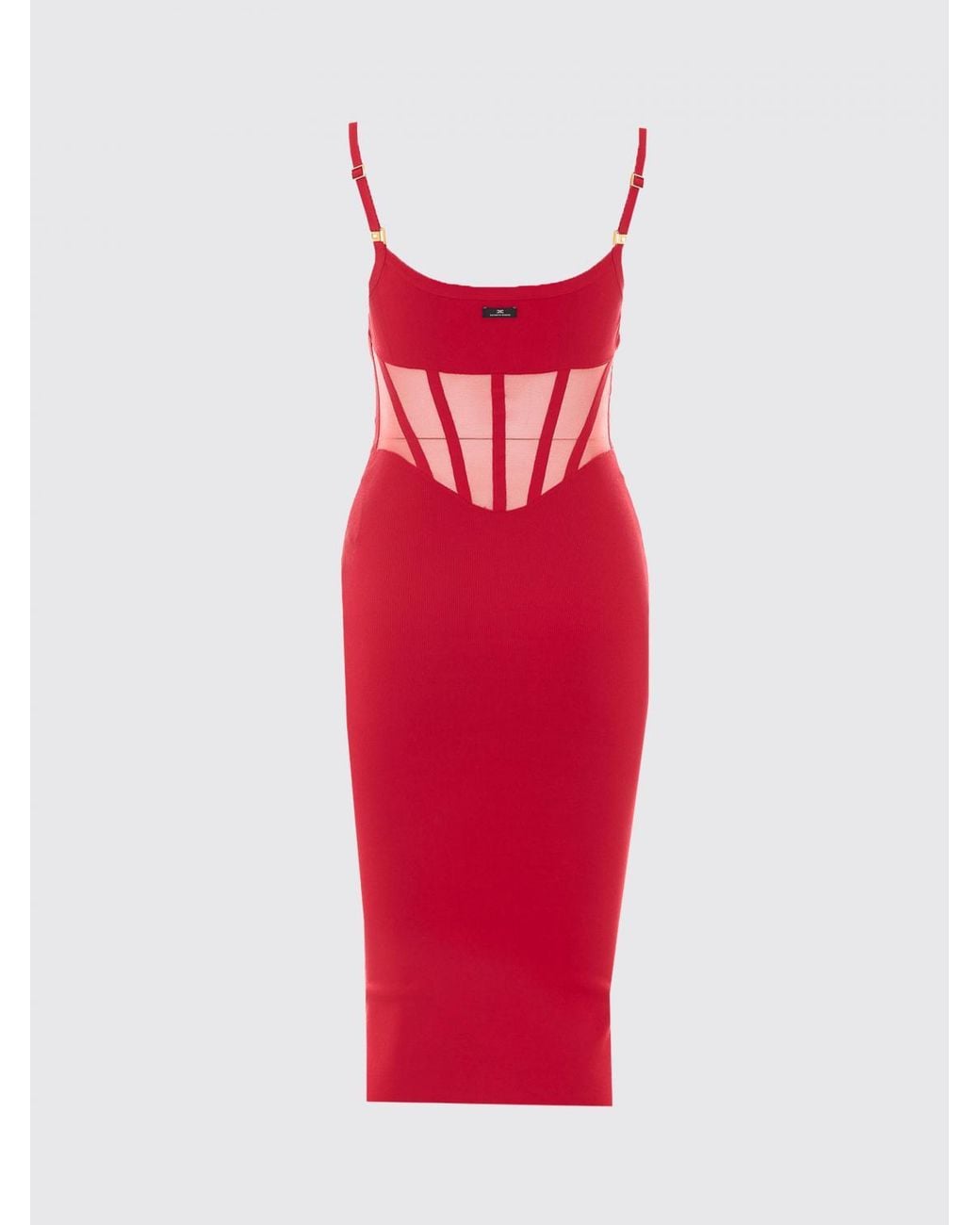 Elisabetta Franchi Red Crêpe Midi Bustier Dress With Square Neckline