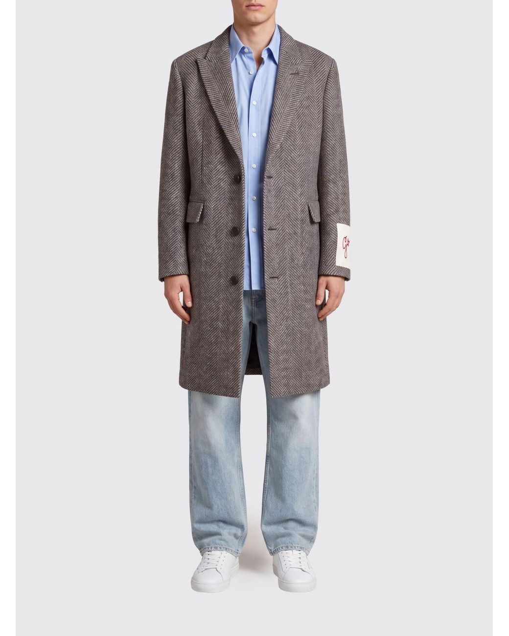 Golden Goose Deluxe Brand Gray Single-Breasted Long Chevron Wool Coat With Peak Lapels for men