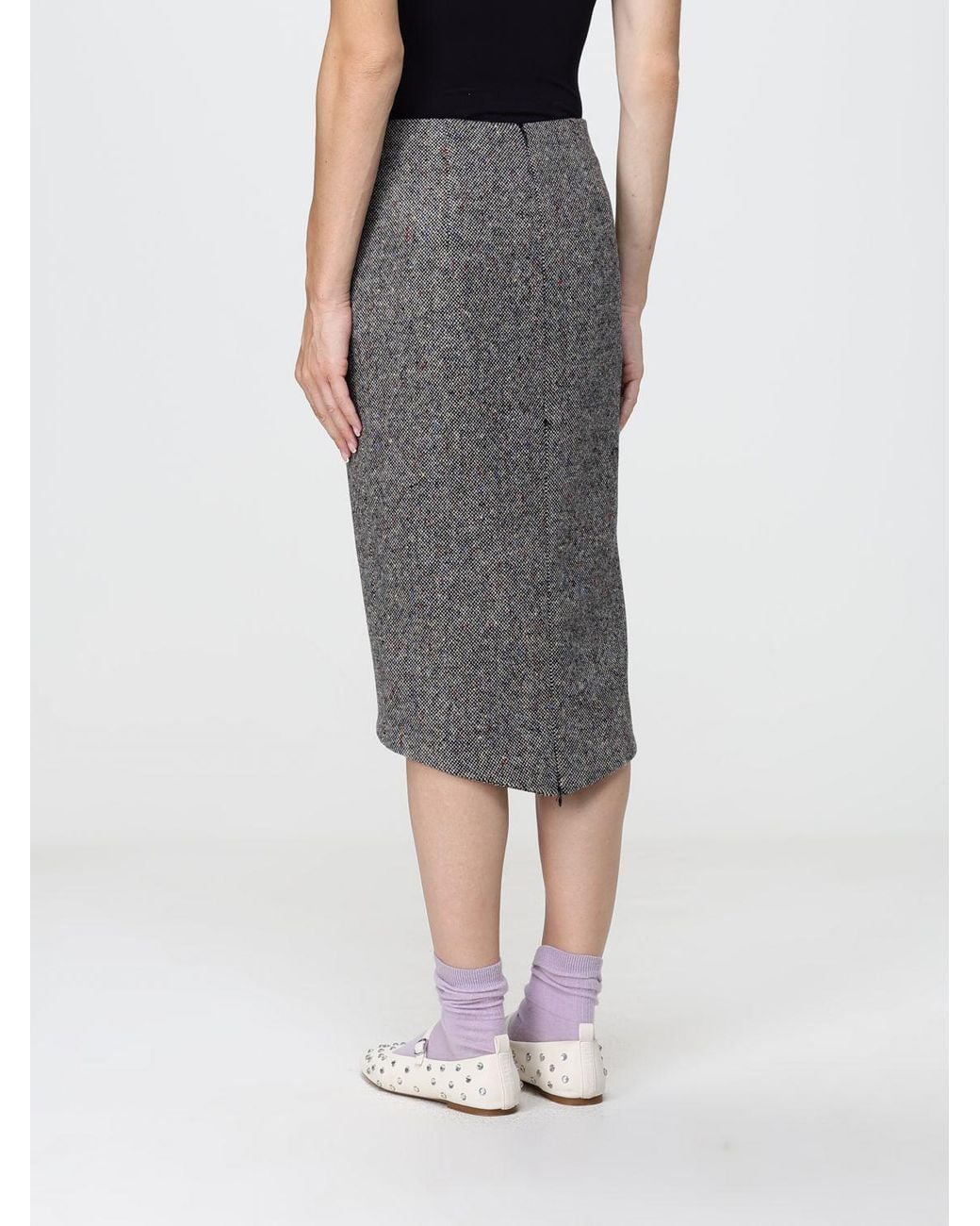 N°21 Gray Abstract Print Virgin Wool Midi Pencil Skirt With Asymmetric Hem