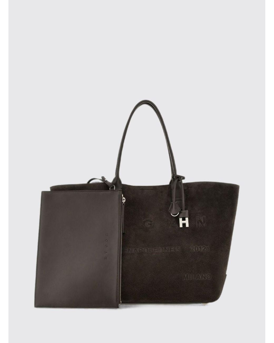 Hogan Black Suede Calf Leather Tote Bag With Double Handle And Internal Pouch