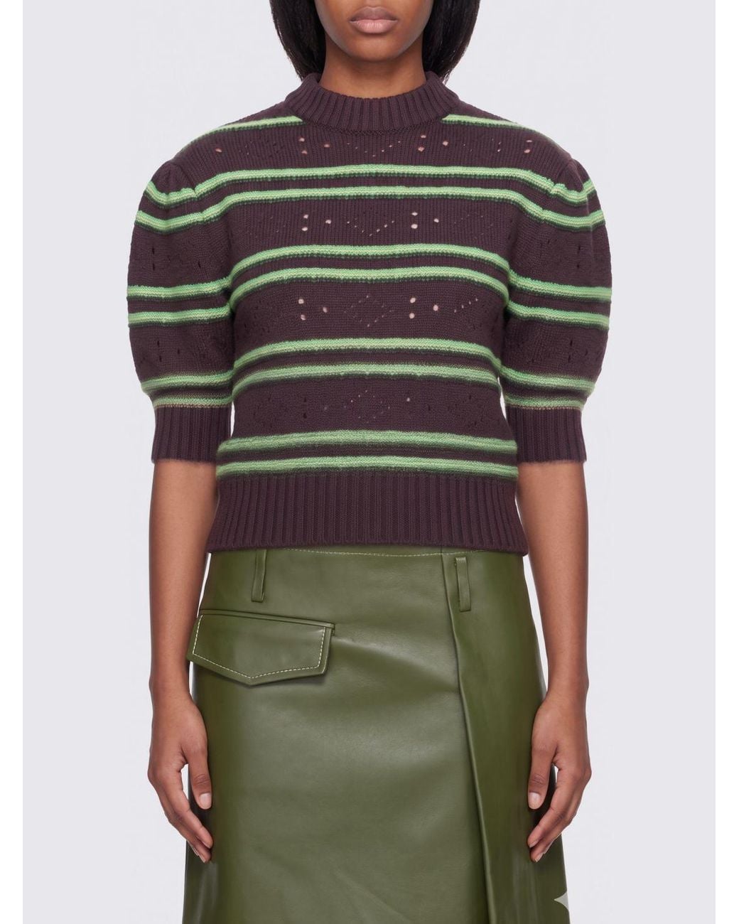 Marni Green Striped Pure Cashmere Sweater With Puff Sleeves