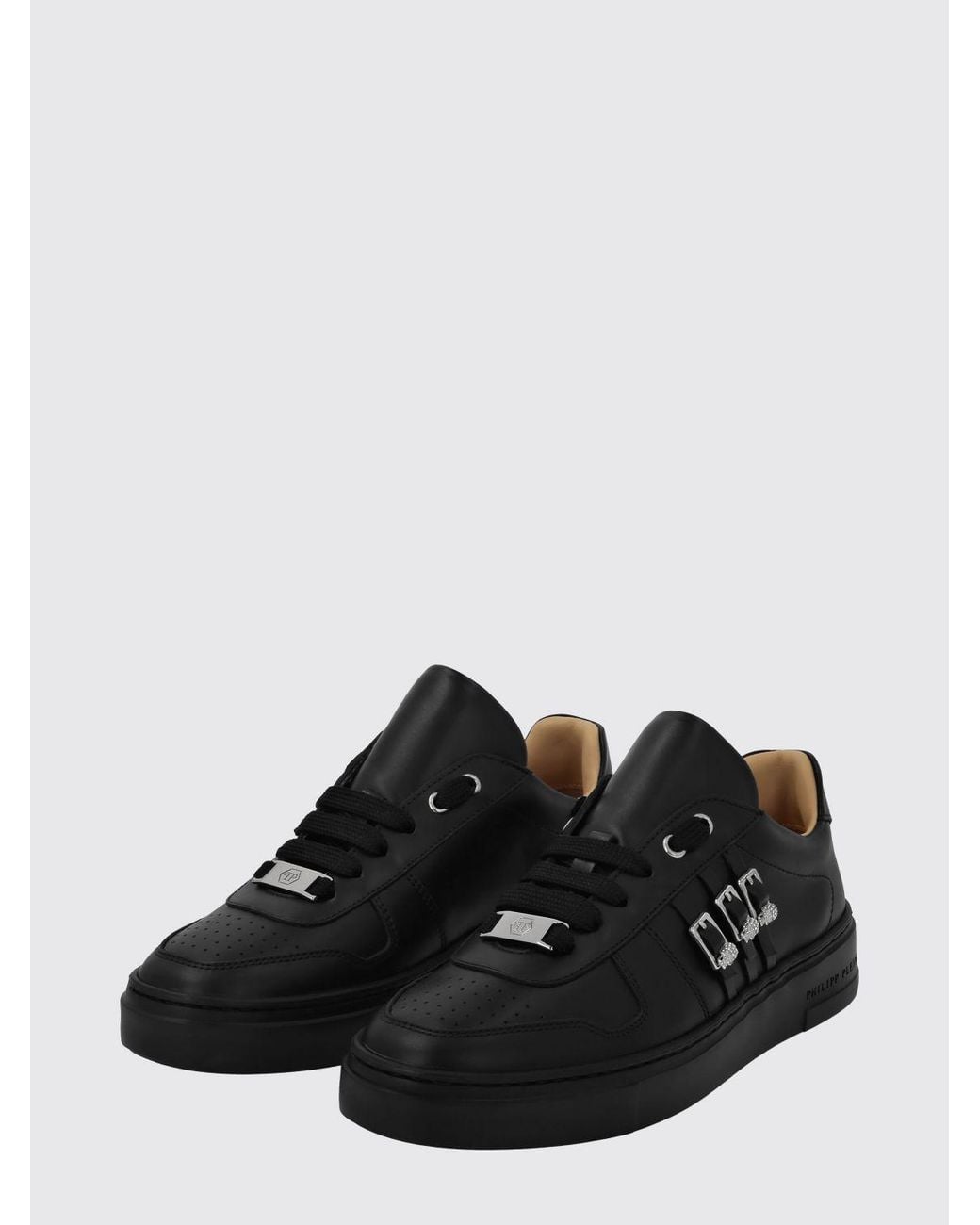 Philipp Plein Black Smooth Leather Low-Top Sneakers With Jewel Buckle And Engraved Logo