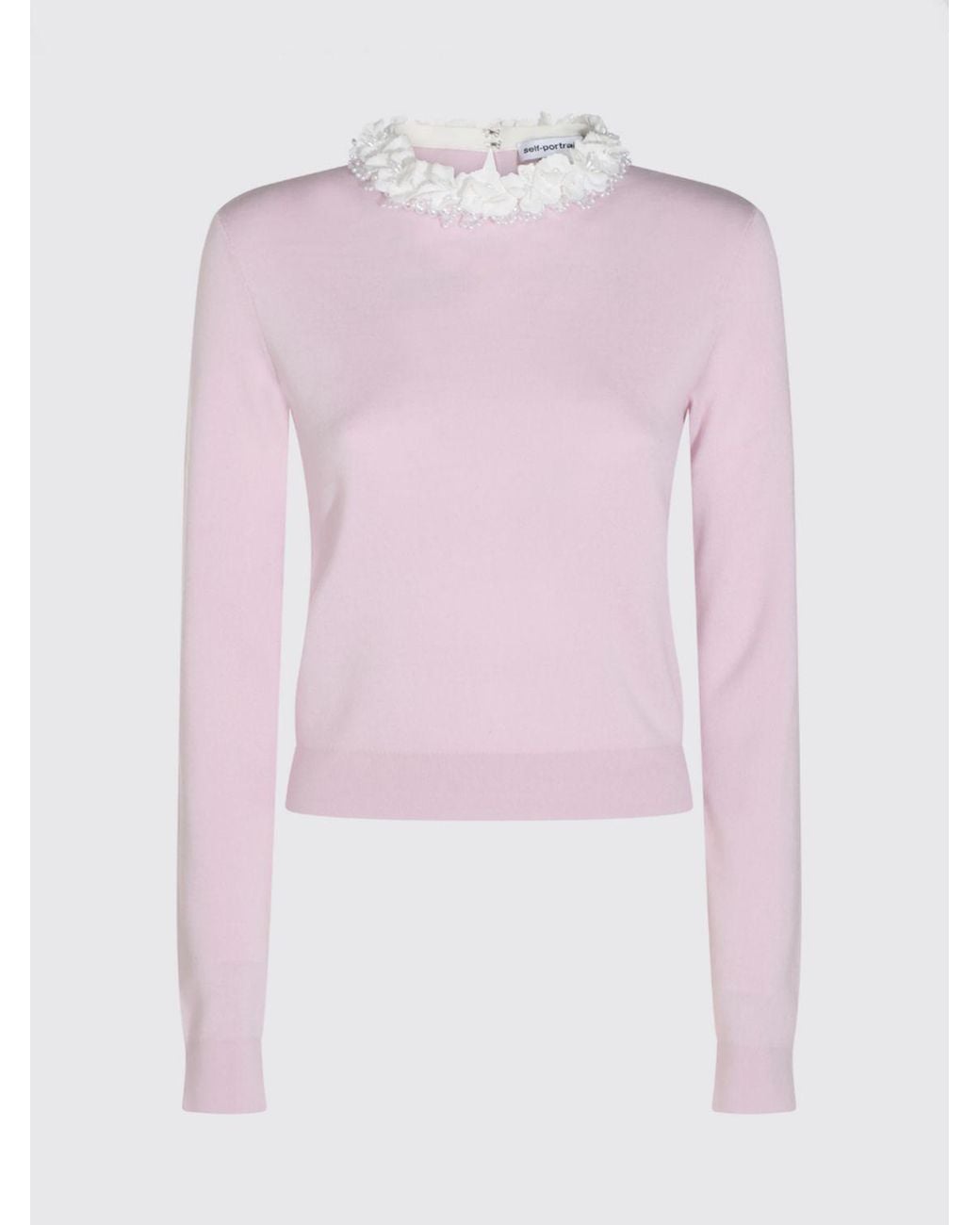 Self-Portrait Pink Slim Fit Embroidered Wool Jumper With Ruffle Collar