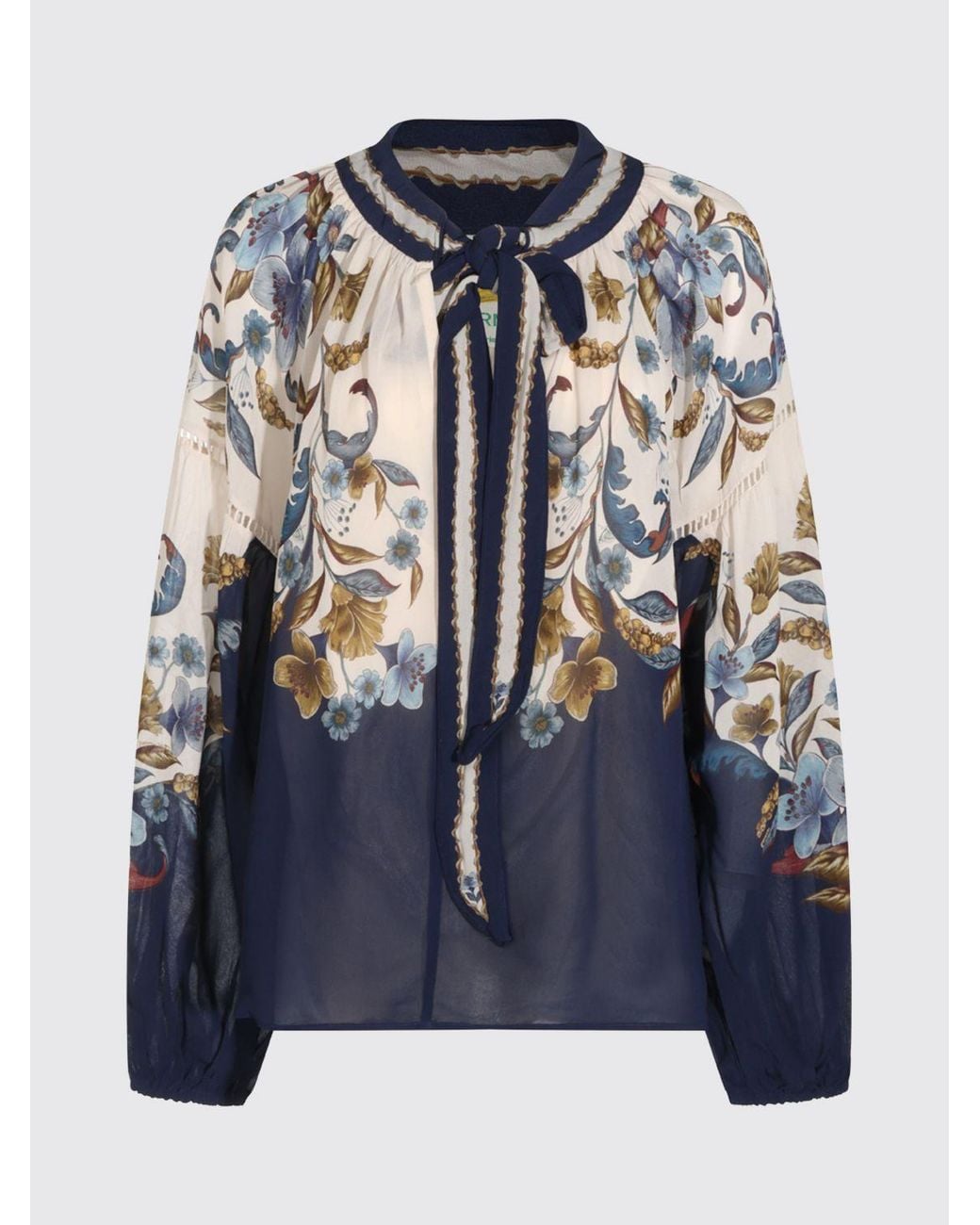Farm Rio Blue Floral Print Viscose Blouse With Pussy-Bow Collar And Long Sleeves