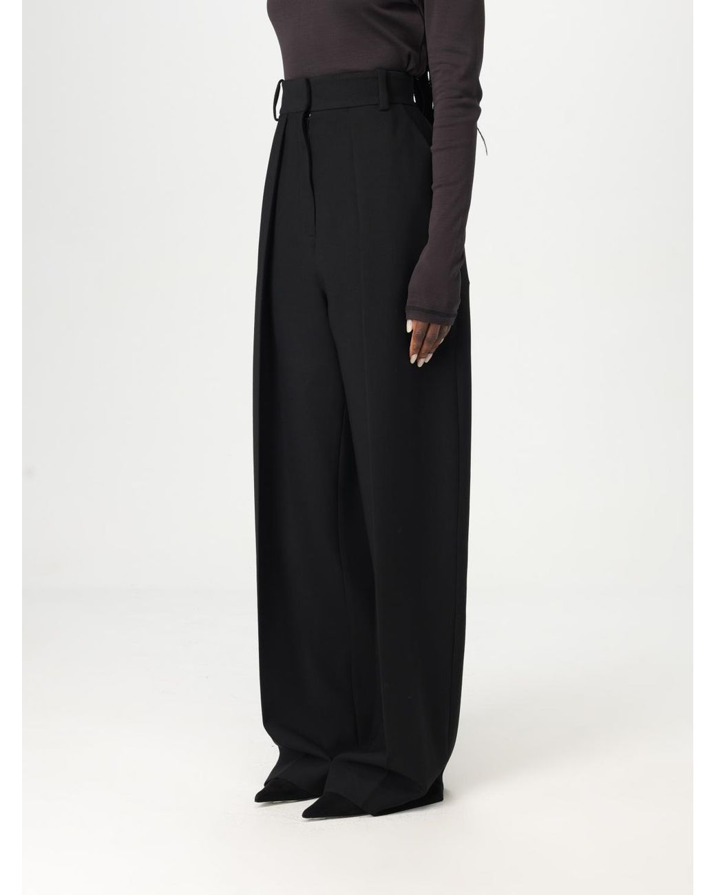 Khaite Black Highwaisted Pleated Wideleg Trousers