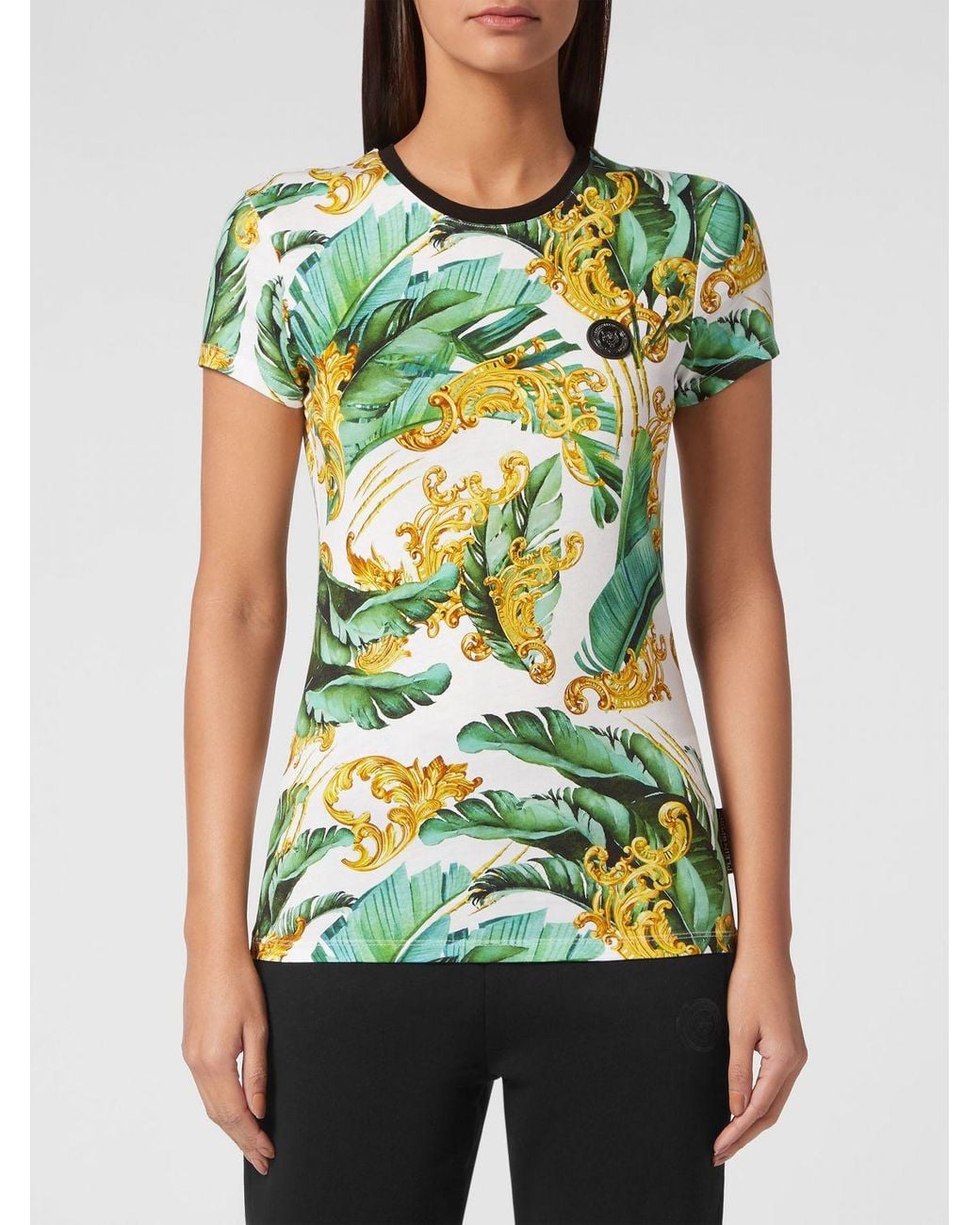 Philipp Plein Green Slim Fit Jersey T-Shirt With Baroque And Tropical Print
