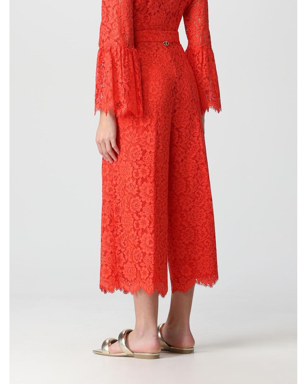 Twinset Red Trousers In Macramé Lace