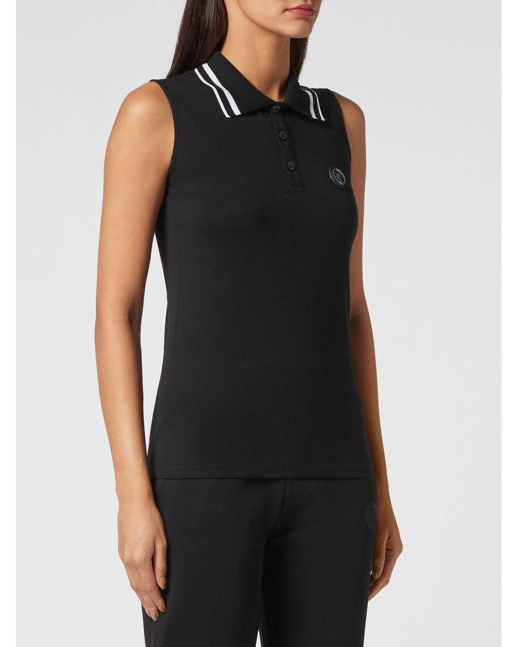 Philipp Plein Black Sleeveless Cotton Polo Shirt With Striped Collar