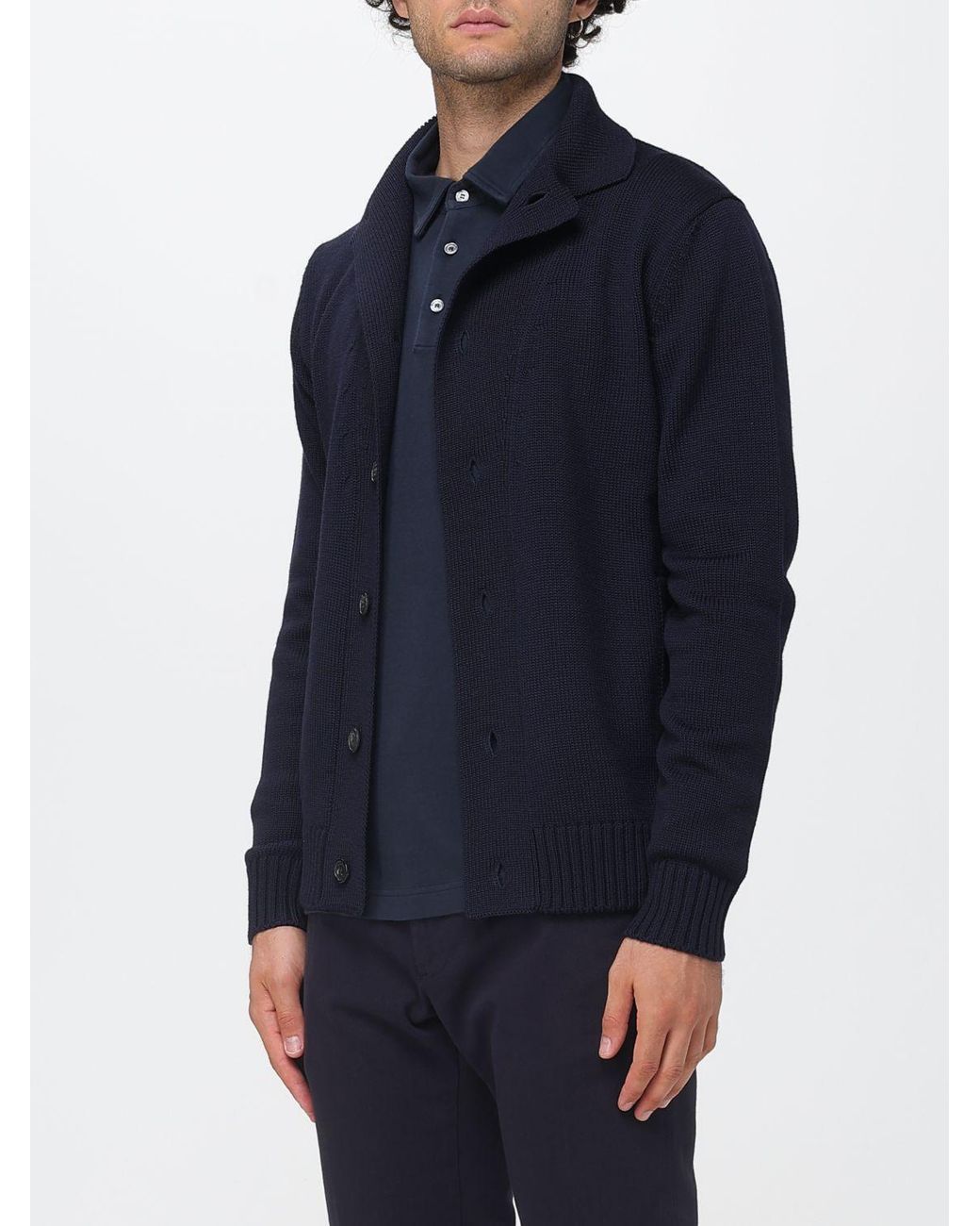 Zanone Blue Button-Up Merino Wool Cardigan With Slit Pockets And Ribbed Hems for men