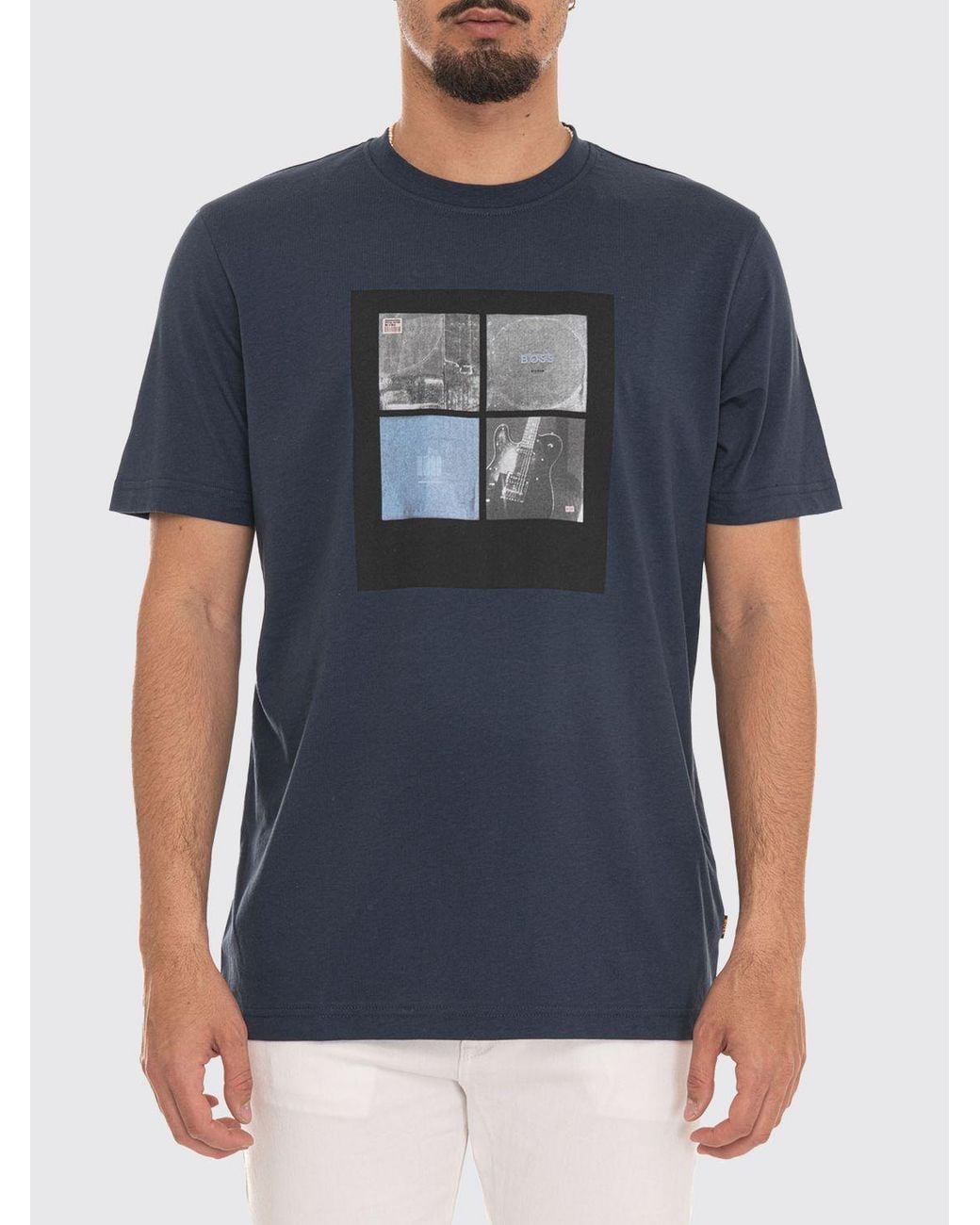 Boss Blue Short-Sleeved Cotton T-Shirt With Graphic Print And Crew Neck for men