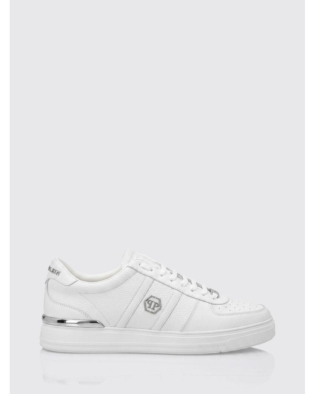 Philipp Plein White Low-Top Leather Trainers With Hexagon Logo And Round Toe for men