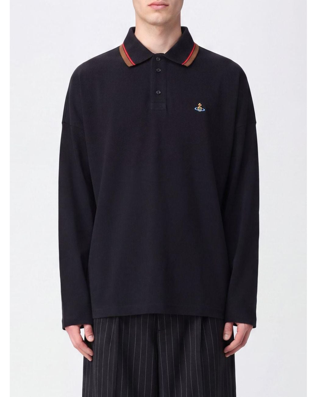 Vivienne Westwood Blue Long-Sleeved Cotton Polo Shirt With Embroidered Orb Logo for men