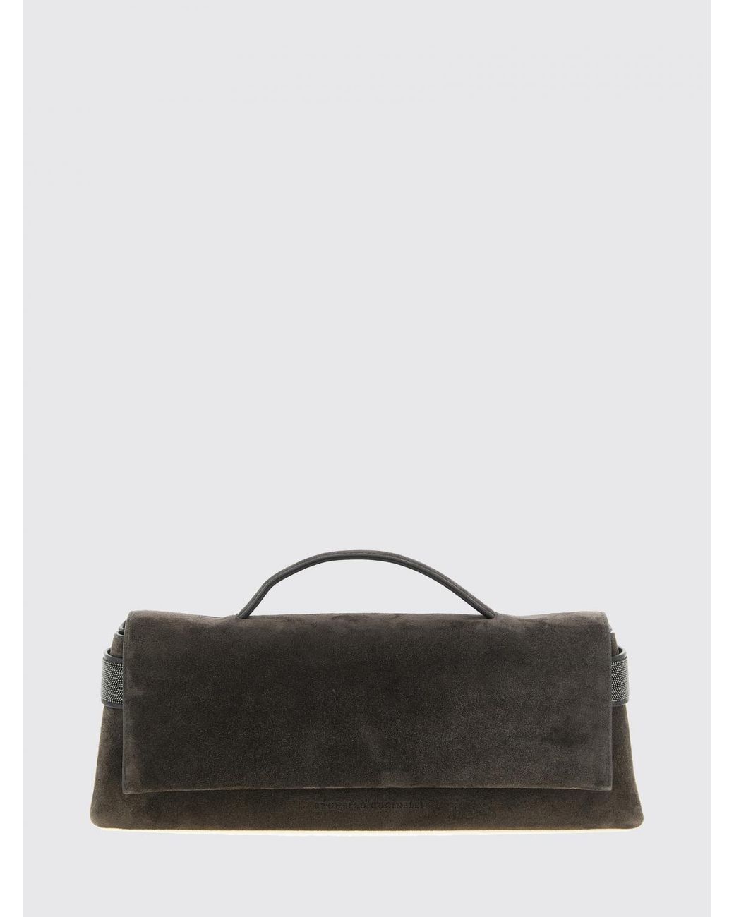Brunello Cucinelli Black Suede Calfskin Clutch With Monili Embellishment