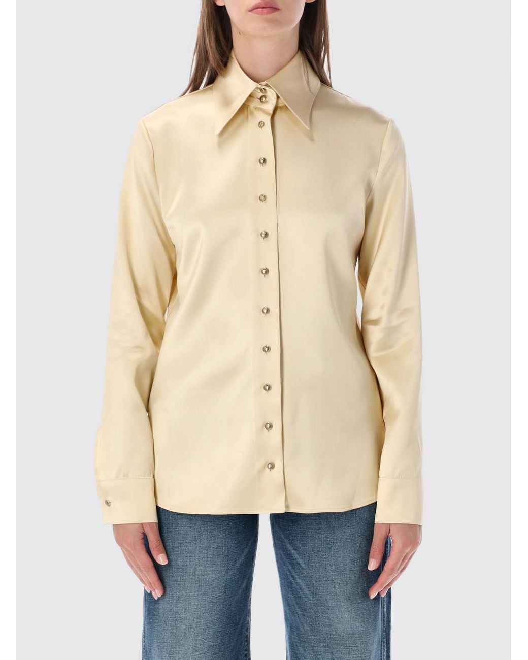 Khaite Natural Slim Fit Viscose Satin Shirt With Pointed Collar