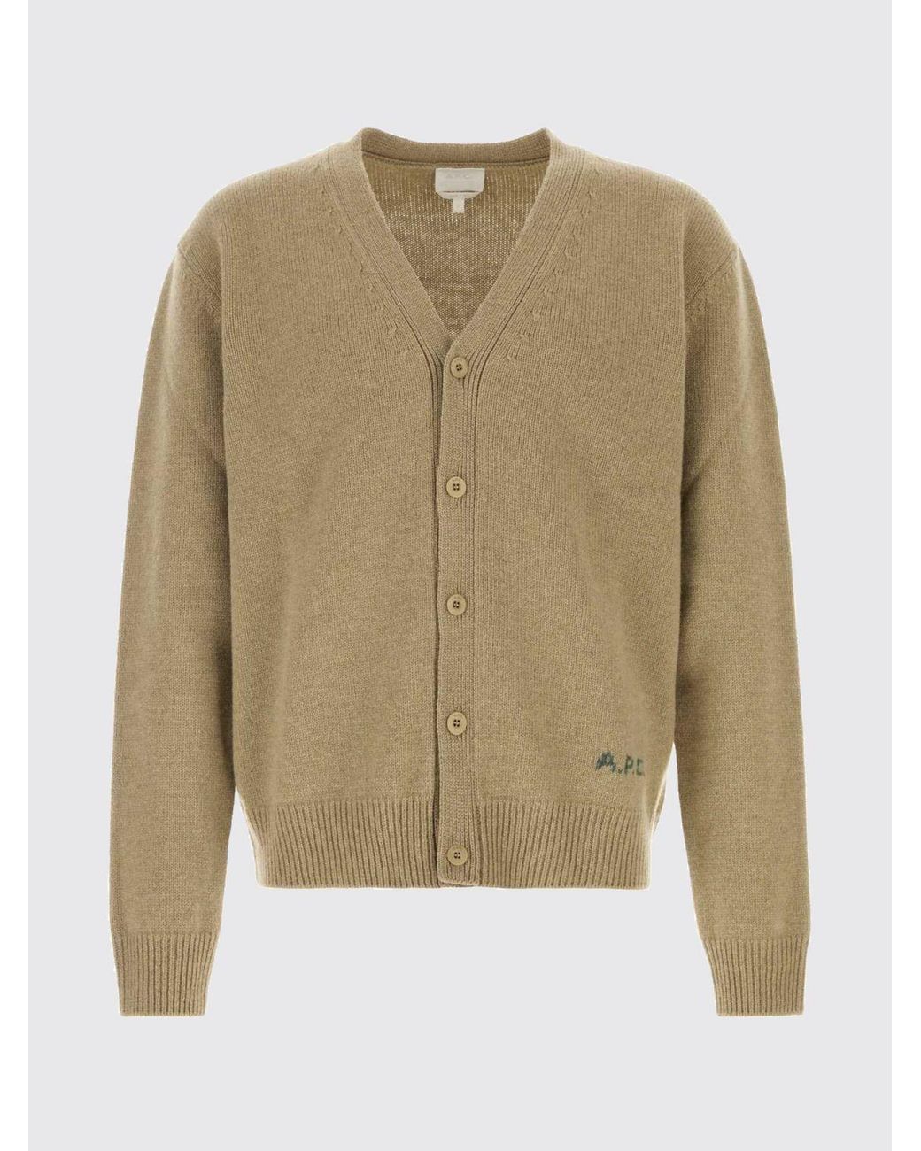 A.P.C. Natural V-Neck Pure Wool Cardigan With Contrast Logo for men