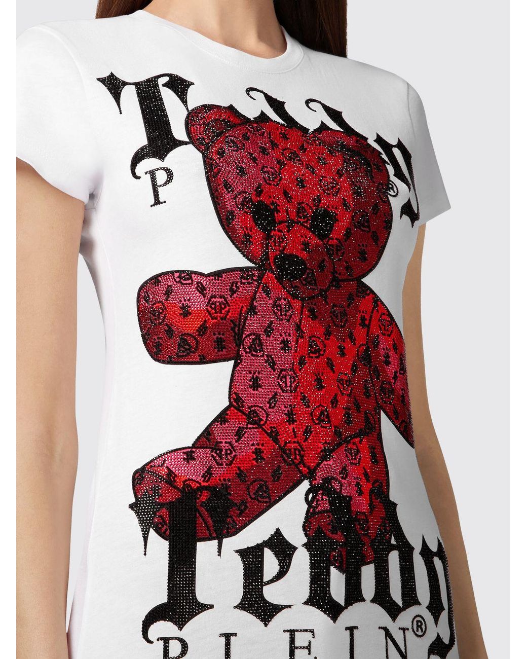 Philipp Plein White Slim Fit Jersey T-Shirt With Rhinestone Teddy Bear Graphic
