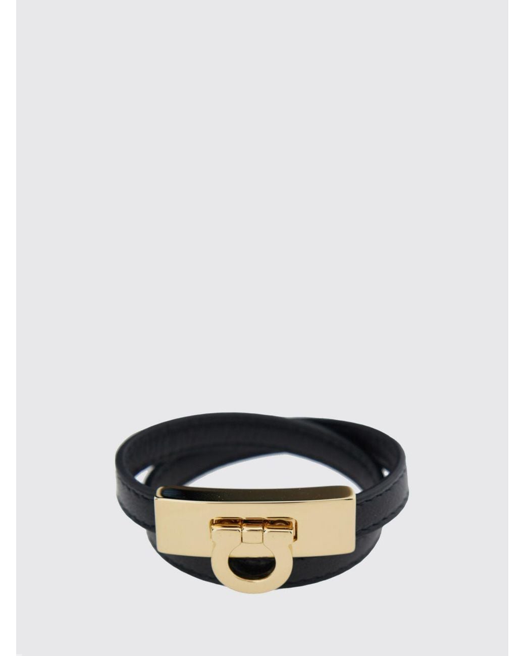 Ferragamo Black Lambskin Leather And Brass Bracelet With Logo Detail