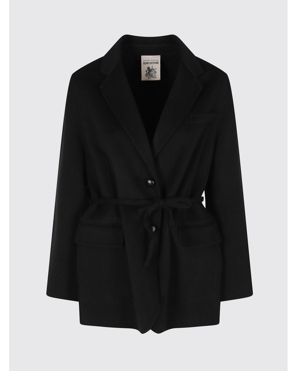 Semicouture Black Single-Breasted Short Wool Coat With Waist Belt
