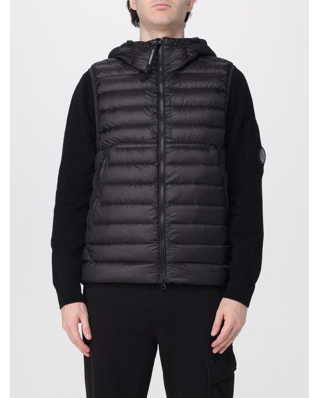 C P Company Black Quilted Nylon Padded Gilet With Hood And Iconic Goggle Lenses for men