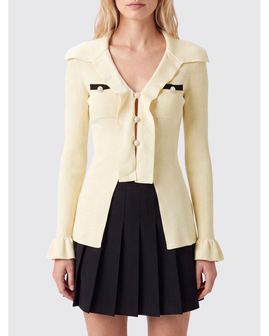 Self-Portrait Natural V-Neck Ribbed Viscose Cardigan With Jewelled Buttons