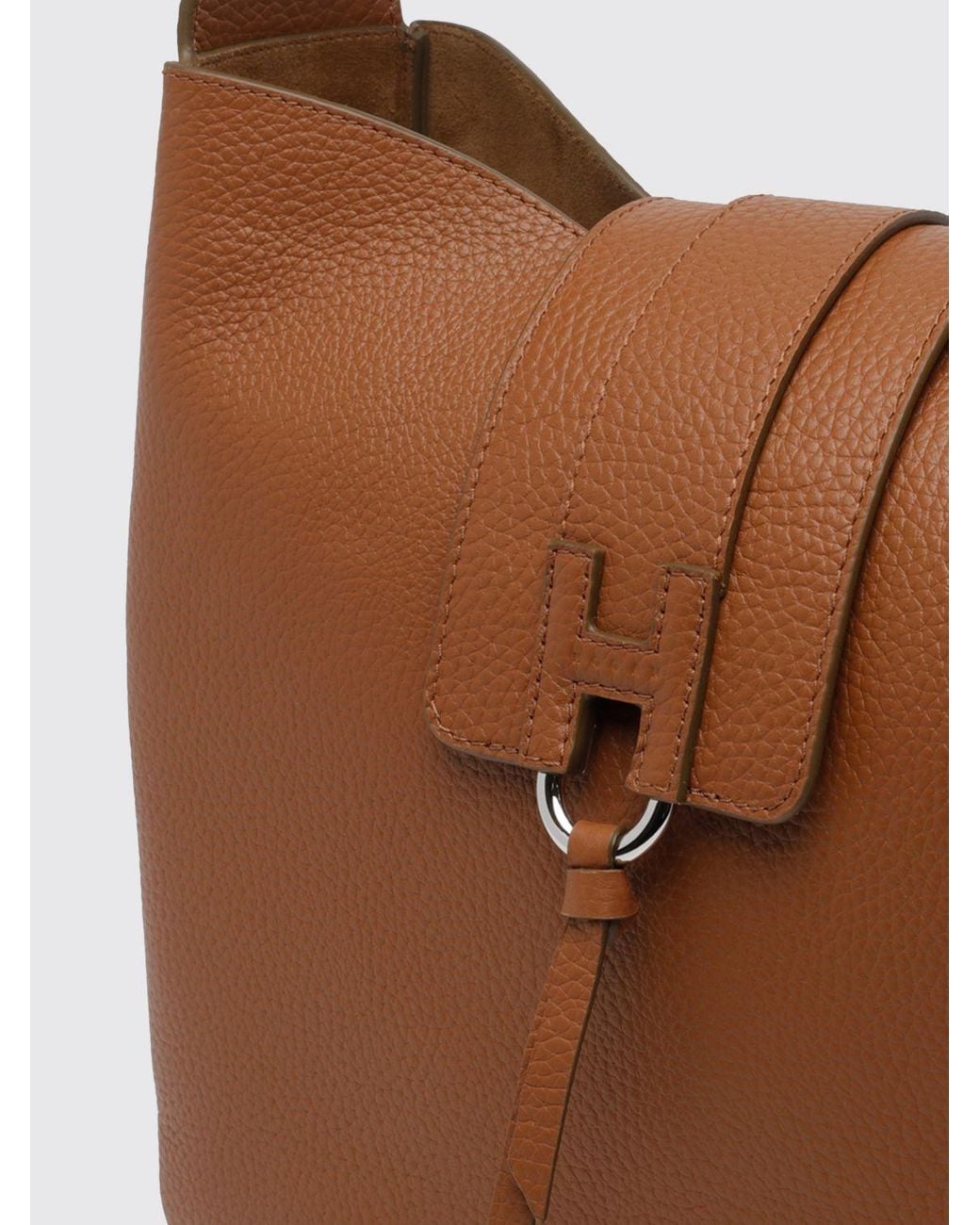 Hogan Brown Trend Hammered Calfskin Shoulder Bag With Adjustable Handle