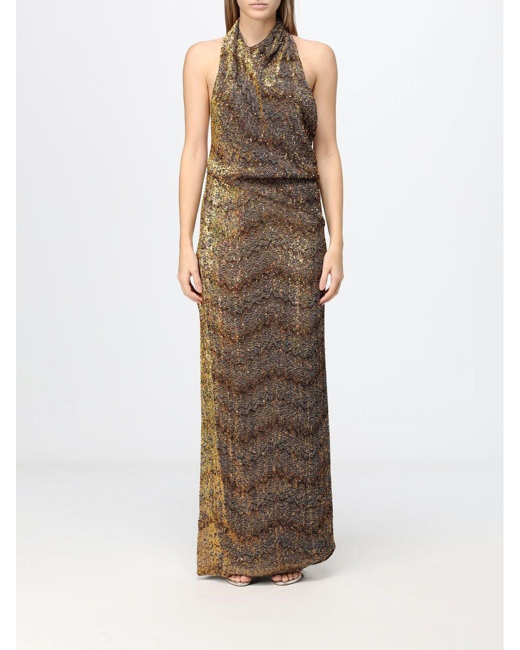 Missoni Brown Zig Zag Sequin Long Evening Gown With Halter Neck
