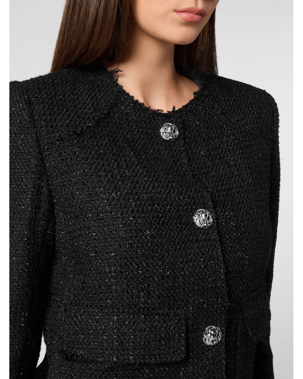 Philipp Plein Black Single-Breasted Short Tweed Blazer With Jewelled Buttons