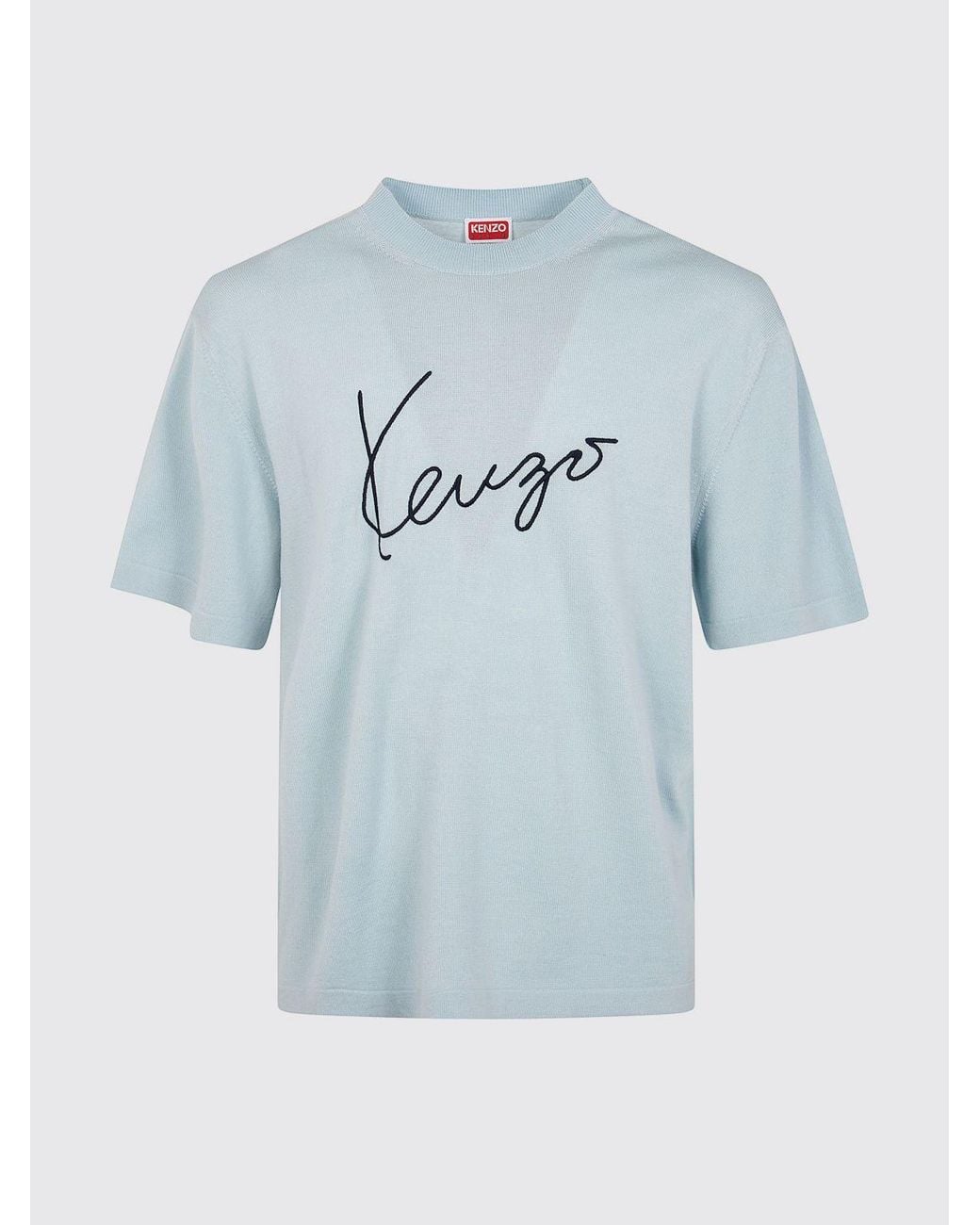 KENZO Blue Dropped Shoulder Pure Wool Logo T-Shirt for men