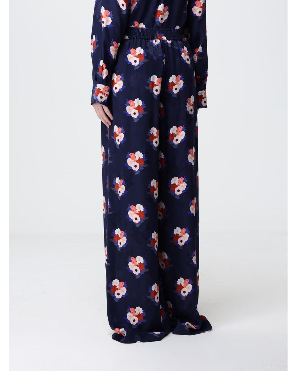 Fendi Blue Silk Palazzo Trousers With Floral Print