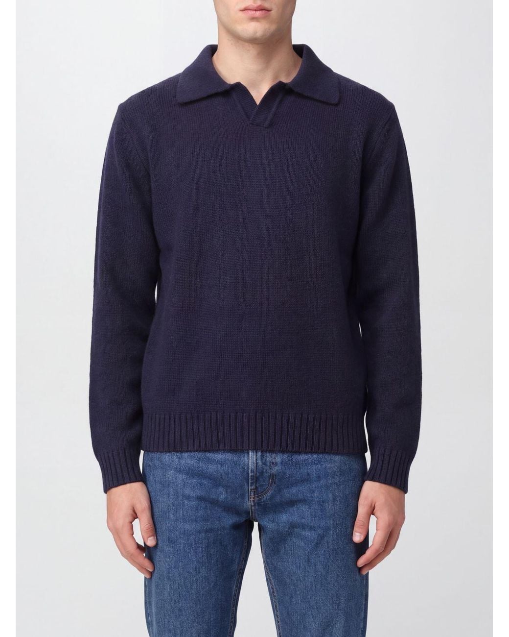 Aspesi Blue Long-Sleeved Wool Knit Polo Shirt With A Classic Collar for men