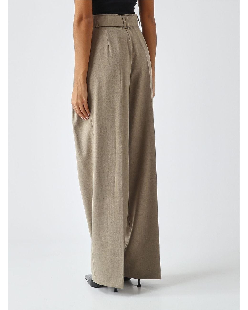 Twinset Natural High-Waisted Wool Blend Palazzo Trousers With Darts