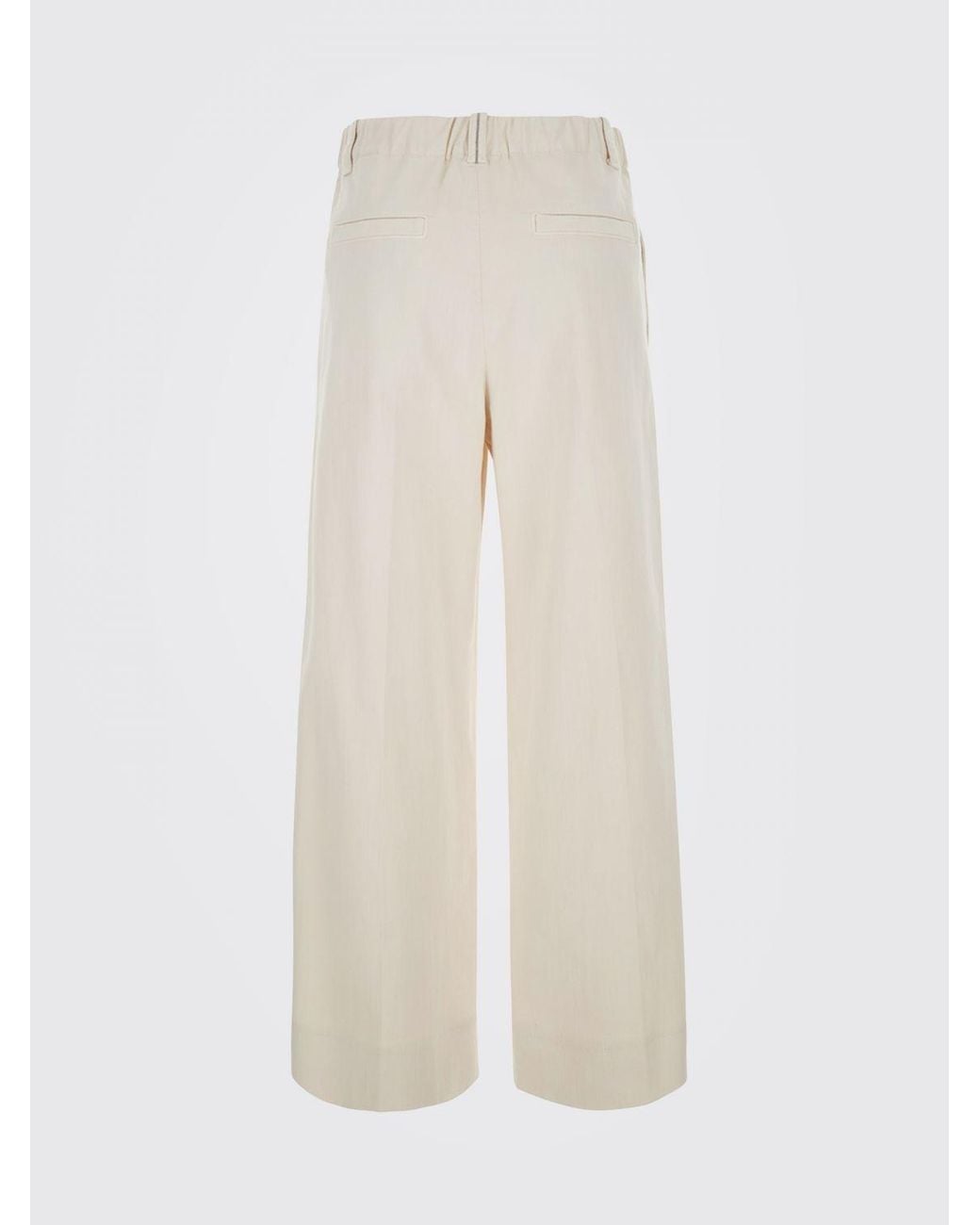 Brunello Cucinelli Natural High-Waisted Stretch Cotton Palazzo Trousers With Monili