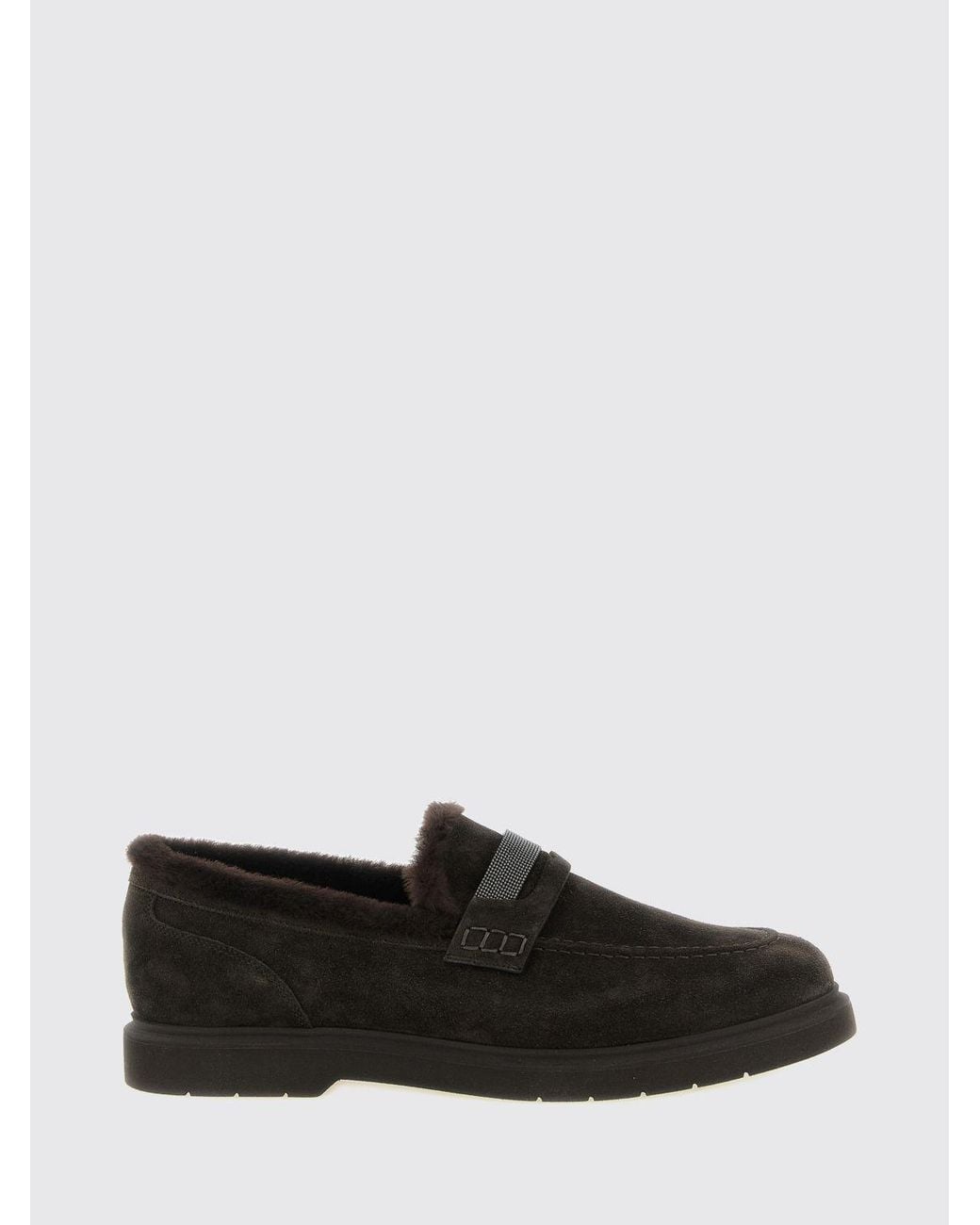 Brunello Cucinelli White Shearling-Lined Suede Penny Loafers With Monili