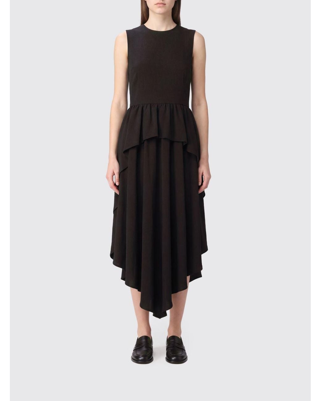 Loewe Black Sleeveless Slim Fit Asymmetrical Wool-Blend Midi Dress