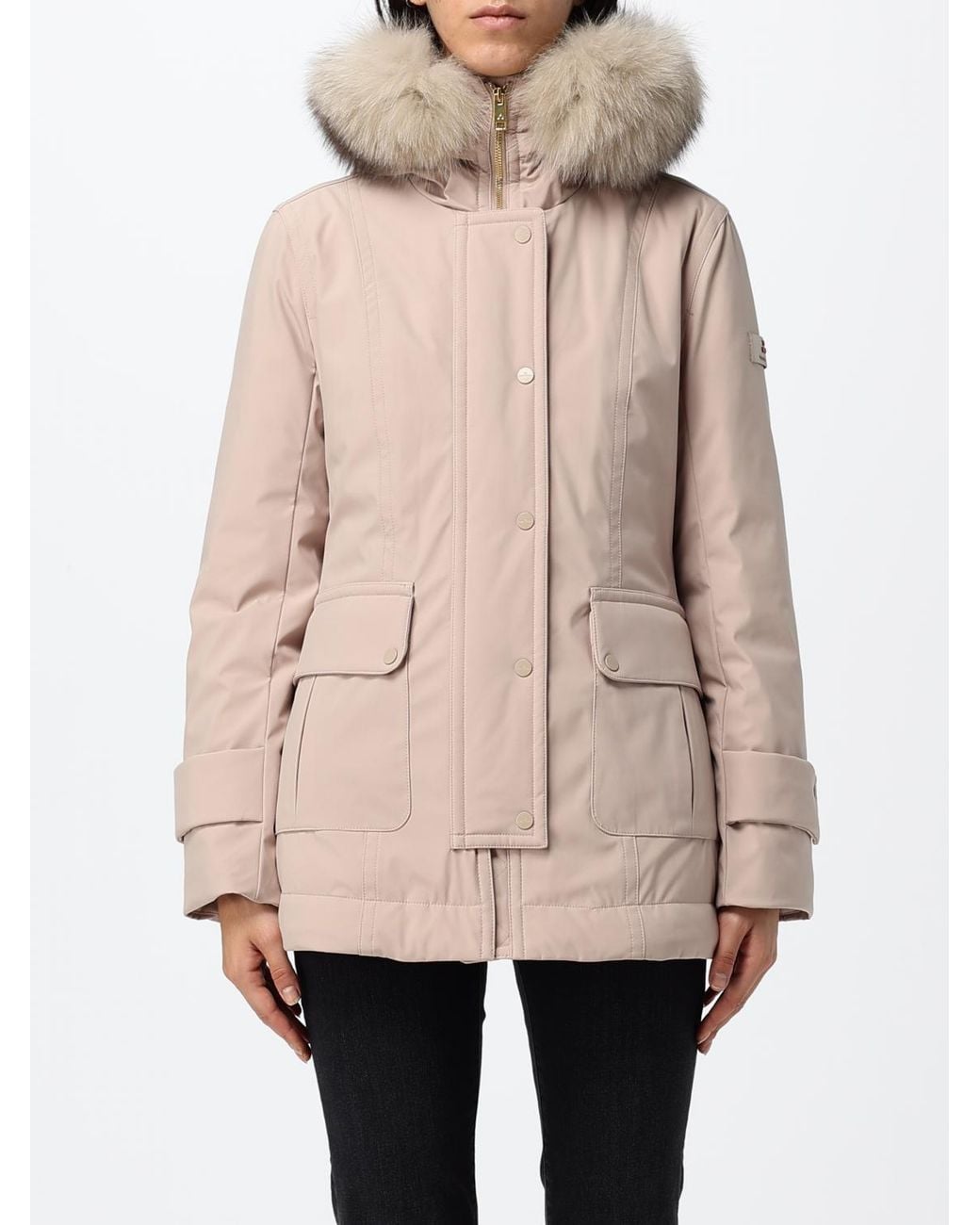 Peuterey Natural Knee-Length Polyester Parka With Shearling Hood And Applied Logo