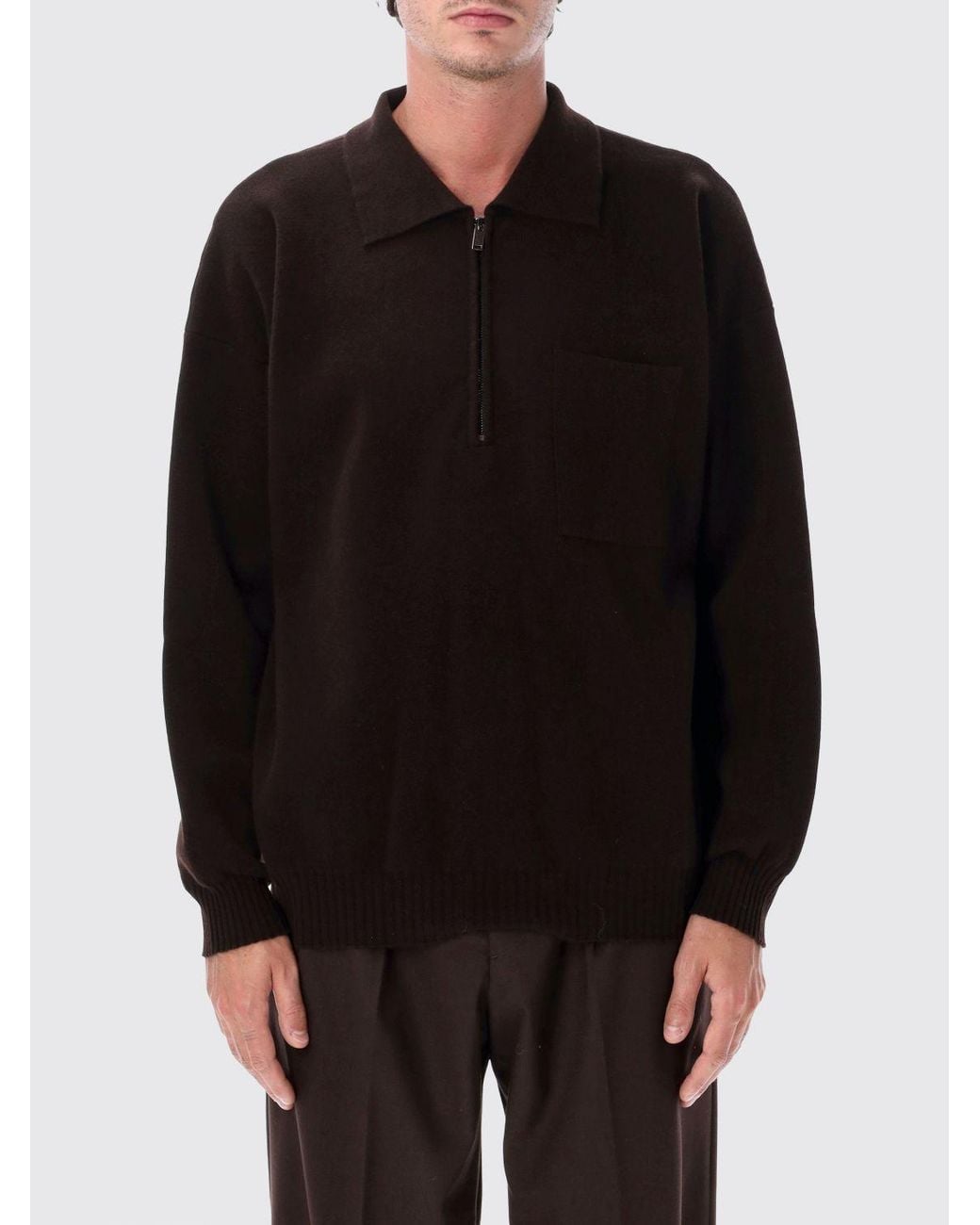 Roberto Collina Black Long-Sleeved Merino Wool Knit Polo Shirt With Zip for men