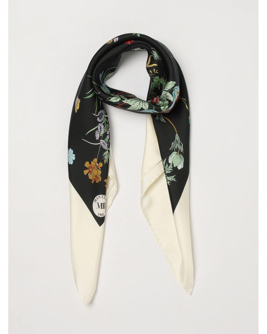 Mantero 1902 Black Square Silk Twill Foulard With Multicolour Floral Print