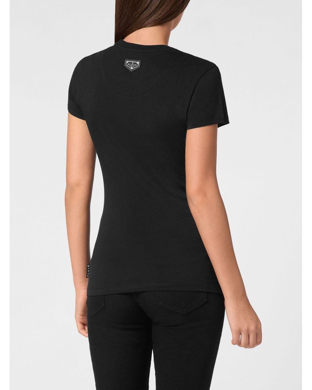 Philipp Plein Black Jersey T-Shirt With Slogan Print And Rhinestone Embellishments